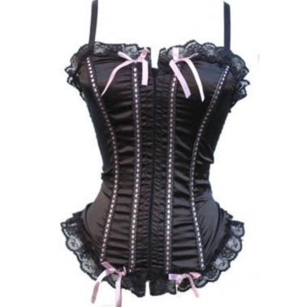 Black Satin Ruffled Lace Bustier Corset - NEW